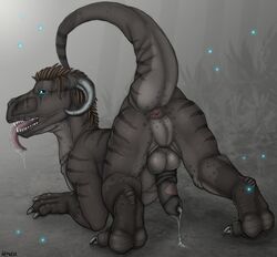 2013 anthro anus ass balls blue_eyes claws cum detailed_background erection fur furry grass horn horsecock hybrid hymbrid leaking looking_at_viewer looking_back male male_only mammal nude open_mouth outside penis presenting raised_tail reptile scalie solo tongue tongue_out tree wemd