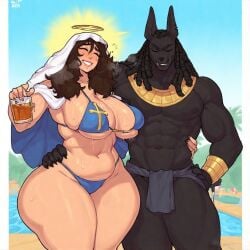 abs ai_generated alcohol anthro anthro_on_human anubis big_breasts big_penis blush bottle breasts brown_hair curvy_figure drunk duo egyptian erect_penis female hand_on_hip larger_male male muscular muscular_male naked nude oasis party pecs penis pool robe seductive seductive_look seductive_smile smirk smirking taller_male teasing thick_thighs veil virgin_mary whiskey wide_hips