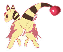 ampharos anus ass black_eyes blush female feral from_behind hand human looking_at_viewer looking_back maim nintendo open_mouth orb plain_background pokemon pokemon_(species) pussy pussy_juice solo text thick_tail thick_thighs video_games white_background