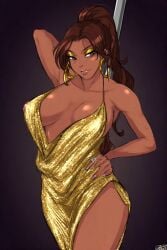 1girls ai ai_generated armpits black_background breasts brown_eyes brown_hair dark-skinned_female dark_skin dress earrings female female_focus female_only golden_dress golden_earrings golden_eyelids grand_theft_auto grand_theft_auto_vi hand_behind_head hand_on_hip long_hair lucia_caminos pink_nails pole ponytail quinzo11 rockstar_games self_upload standing standing_female