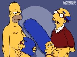 20th_century_fox 20th_century_studios 2boys 2girls artist_name artist_signature bald bald_male balls belly blowjob blue_hair bottomless bottomless_male closed_eyes cum cum_in_mouth cum_out_nose dilf ear_piercing ejaculation fat fat_belly fat_male female genitals glasses hand_on_head homer_simpson kirk_van_houten lockandlewd looking_down looking_down_at_another luann_van_houten male male/female male_nipples mammal marge_simpson mature mature_female mature_male nipples nude nude_female nude_male on_knees open_mouth overweight overweight_male penis penis_in_mouth red_sweater sex standing straight straight_sex sweater testicles the_simpsons yellow_skin
