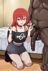 1boy 1boy1girl 1girls :d ai_generated bed bedroom black_nails blush bocchi_the_rock! cheating cheating_(relationship) cheating_female cheating_girlfriend dark-skinned_male double_v earrings fat_male fishnet_pantyhose fishnets girthy_penis goth goth_fashion goth_girl hairy_male half-closed_eyes indoors interracial kita_ikuyo kneeling large_penis long_penis looking_at_viewer male/female medium_breasts midriff naughty_face necklace netorare ntr on_floor open_mouth peace_sign pleated_skirt ready_to_fuck room skirt solo_focus straight testicles thighs veiny_penis waroffree