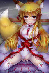 animal_ears bare_shoulders bell blonde_hair female fox_ears fox_tail hair_bell hair_ornament hair_ribbon highres kneeling leotard leotard_aside looking_at_viewer masturbation off_shoulder orange_eyes original pussy pussy_juice pussy_juice_trail ribbon saliva shimo_(depthbomb) spread_legs spread_pussy sweat tail thighhighs white_legwear