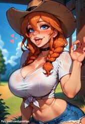 ai_generated blue_eyes blue_shorts candypinklips cowboy_hat fellatio_gesture grass hair_between_eyes hand_up jean_shorts open_mouth orange_hair outdoors saliva sitting straw sunny-sue-ellen_(legend_of_queen_opala) tied_shirt tongue_out twin_braids watermark