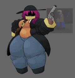 1girls belly breasts chubby chubby_female coat coat_open fat female female_focus female_only gun hat hips jane_doe jane_doe_(forsaken) jane_doe_(roblox) mrdreamcatch_er pink_hair revolver roblox stomach thick_thighs thighs weapon wide_hips