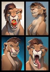ai_generated amani_the_shaman apple apple_(fruit) apple_in_mouth black_lips blue_eyes bulge clenching_teeth drool fangs feline female head_tilt licking_lips licking_own_lips looking_at_viewer maw_shot mawshot mohawk_(hairstyle) mouth_shot naughty neck_bulge open_maw open_mouth saberteeth sabertooth saliva smirking_at_viewer swallowing swallowing_whole teeth throat_bulge tongue tongue_out tongue_sticking_out white_teeth