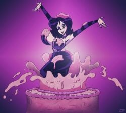 1girls ankh arm_socks arms_up artist_signature bare_shoulders belt big_breasts black_eyes black_hair black_lipstick bodysuit breasts cake cake_stripper cel_shading character_name chocker cleavage curvy curvy_female curvy_figure extended_arm eyelashes eyeshadow female full_body goth goth_girl highres looking_at_viewer mostly_clothed no_bra open_bodysuit original original_character pale-skinned_female pale_skin purple_background rustysh4ckl3ford shaded shiny_clothes shiny_eyes shiny_hair shiny_lips short_hair simple_background smile smiling smiling_at_viewer spread_arms standing thick_thighs violetta_ravenwing voluptuous voluptuous_female white_skin wide_hips wink winking winking_at_viewer