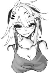 2023 artist_upload big_breasts bigoldstinker blush breasts cleavage earings eyeshadow fangs hairclip hairclips highres ibispaint_(artwork) ibispaintx makeup medium_hair mole_on_cheek oc original original_artwork original_character piercings scene_girl scene_hair self_upload sfw sketch smiling_at_viewer smirk tank_top