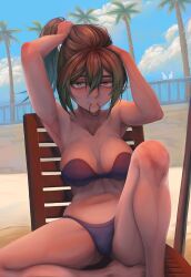 1girls abs adjusting_hair armpits arms_behind_head arms_up artist_request barefoot beach bikini bird blue_sky blush breasts clavicle cleavage clothing cloud collarbone day feet female female_only fit_female frieren_beyond_journey's_end green_hair hair_between_eyes hair_tie_in_mouth knee_up large_breasts light-skinned_female long_hair looking_at_viewer mouth_hold multicolored_hair navel outdoors palm_tree png ponytail purple_bikini purple_eyes sitting sky solo sousou_no_frieren spread_legs strapless strapless_bikini sweat swimsuit tanned tanned_female tanned_skin thick_thighs thighs toes tree tying_hair ubel_(sousou_no_frieren) underwear