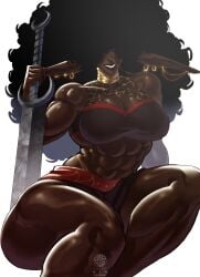 1girls abs athletic athletic_female big_breasts big_breasts breasts breasts clothed clothed_female curly_hair dark-skinned_female dark_skin female female_focus female_only giant giant_female giant_woman giantess happy happy_female kin_machina large_boobs large_breasts mini_giantess muscular muscular_female smile smiling solo solo_female solo_focus sword toned toned_female