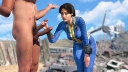 1boy 1boy1girl 1girls 3d 3d_(artwork) breasts clothing diphallism electronics fallout fallout_(series) fallout_(tv_series) female handjob human lucy_maclean male manual multiple_penises pale_skin pip-boy stroking_penis suprised_expression suprised_look vault_suit winterssfm