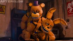 16:9 3d_(artwork) afterglownsfw all_fours animatronic anthro anthro_on_anthro anthro_penetrated anthro_penetrating anthro_penetrating_anthro anthro_penetrating_male balls bear blue_eyes bodily_fluids bow_tie clothing digital_media_(artwork) doggy_style duo erection five_nights_at_freddy's fredbear_(fnaf) from_behind_position genital_fluids genitals hat headgear headwear hi_res humanoid_genitalia humanoid_penis inside looking_at_another looking_at_partner machine male male/male male_penetrated male_penetrating male_penetrating_anthro male_penetrating_male mammal naughty_face open_mouth penetration penis precum precum_on_penis robot robot_anthro scottgames sex spring_bonnie_(fnaf) top_hat watermark widescreen