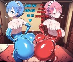 2females ai_generated ass ass_focus ass_grab ass_up astrawaifu big_ass big_breasts big_penis blue_eyes blue_hair breast_grab breasts breasts_out embarrassed female happy leggings looking_at_viewer nude nude_female penis_awe penis_in_ass penis_on_butt penis_out penis_size_difference pink_eyes pink_hair ram_(re:zero) re:zero_kara_hajimeru_isekai_seikatsu rem_(re:zero) text thick_ass thick_thighs thighhighs thighs