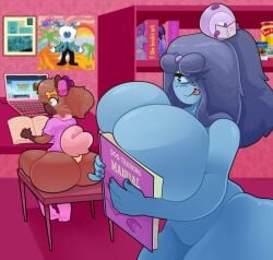 1_eye anthro ass big_breasts blue_hair blush breasts brown_body canid canine canis digital_media_(artwork) duo female fingers fur generation_1_pokemon generation_7_pokemon hair hi_res huge_breasts kiss_the_carrot koi_(kiss_the_carrot) magnemite mammal nintendo nude petra_(kiss_the_carrot) pokemon pokemon_(species) rockruff shaded smile stardew_valley tail text thick_thighs
