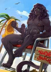 4_toes 5_fingers aidan_(koyote) anthro balls beach big_balls big_penis black_body black_fur black_hair black_nose clothing curly_hair erection feet felid fingers fur genitals hair hindpaw holding_clothing holding_object holding_swimming_trunks holding_swimwear humanoid_hands kammi-lu male mammal nipple_piercing nipple_ring nipples nude nude_anthro nude_beach nude_male outdoor_nudity outside palm_tree pantherine paws penis piercing plant ring_piercing sitting solo swimming_trunks swimwear tail toes tree