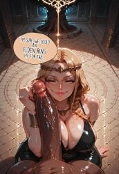 1girls ai_generated ass black_dress blonde_hair breasts chat_box cleavage comic comic_cover comic_page comic_panel comic_strip dark-skinned_male dark_skin dialogue elden_ring female forearm_cock fromsoftware gold_jewelry huge_cock imminent_anal imminent_fellatio imminent_oral imminent_penetration imminent_sex imminent_vaginal loracore male massive_ass massive_breasts massive_butt massive_penis mischievous_smile penis penis_on_face pussy queen queen_marika_the_eternal royalty seductive seductive_eyes seductive_look seductive_smile smirk speech_bubble speech_bubbles suggestive veiny_penis