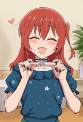 1girls :d ^_^ after_sex ai_generated black_nails blush bocchi_the_rock! casual_clothes closed_eyes happy heart holding_pregnancy_test implied_pregnancy indoors kita_ikuyo medium_breasts open_mouth pregnancy_test pregnant pregnant_female presenting room solo waroffree