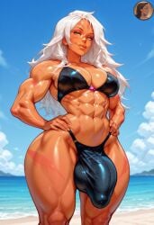 1futa abs ai_generated big_bulge bikini black_bikini bulge bulge_through_clothing dickgirl futanari huge_bulge jasper_(steven_universe) muscle_futa muscle_girl muscular_female solo steven_universe yo0001