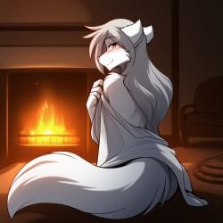 1girls ai_generated anthro blush canid canine canis chair dark_room deviantart ears ears_back fanart female fireplace furry grey_hair keidran living_room long_hair looking_at_viewer looking_back oversized_shirt pink_nose raine_silverlock shirt silver_hair sitting sitting_on_floor sleepwear smile tail thesmartfox tom_fischbach twokinds white_body white_fur wolf wolf_girl yellow_eyes