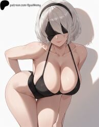 1girls 2b_(nier:automata) ai_generated arm_behind_back bangs bare_shoulders bikini black_bikini black_blindfold black_hairband black_one-piece_swimsuit blindfold breasts cleavage collarbone curvy female hair_between_eyes hairband hand_on_own_thigh hi_res high_quality high_resolution highres huge_breasts large_breasts leaning_forward legs legs_together light_smile lips nier nier:_automata nier_(series) nose one-piece_swimsuit opal_nemy patreon patreon_logo patreon_url patreon_username plain_background self_upload shadow shiny shiny_hair shiny_skin short_hair simple_background smile standing swimsuit thick_thighs thighs watermark white_background white_hair yorha_2b