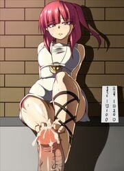 brick_wall cum feet footjob magi:_the_labyrinth_of_magic morgiana necklace red_eyes red_hair sign soles thighs translated