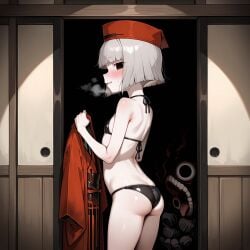 ai_generated arched_back bikini black_bikini bob_cut creepy fate/grand_order female from_side grey_hair hat heavy_breathing holding_clothes indoors japanese_clothes japanese_room kimono monster no_pupils pale_skin pale_skinned_female parted_lips profile_view seductive_smile sen_no_rikyu_(fate) small_ass small_breasts small_female small_girl smaller_female solo standing