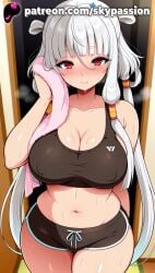 1girls 2025 ai_assisted ai_generated anime areola_slip artist_name bangs bare_shoulders belly big_breasts big_breasts big_breasts big_chest black_shorts black_tank_top blunt_bangs blush breast breasts breasts breasts bust busty chest cleavage closed_mouth clothed_female code_geass collarbone covered_nipples eyebrows_visible_through_hair female_focus female_only hi_res high_quality high_resolution highres jiang_lihua large_breasts long_hair looking_at_viewer navel patreon patreon_username red_eyes shorts sitting skypassion smile solo sports_bra sports_shorts sports_uniform sportswear stable_diffusion sweat tank_top thighs tianzi towel very_long_hair watermark