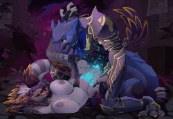 absurd_res anthro armor bodily_fluids breasts breath capcom dragon duo feathers female flying_wyvern fur genital_fluids genitals glowing glowing_genitalia glowing_penis hi_res hybrid knot knotted_penis looking_pleasured male male/female monster_hunter mythological_creature mythological_scalie mythology nargacuga nipples penetration penis scales scalie sex umbralant vaginal_fluids vaginal_penetration vaginal_penetration vayhl'ayne_(vahlyance) womb_tattoo yelloastra