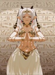 1girls 3:4 :3 alternate_costume ancient_egyptian_clothes animated bikini bikini_top_only breasts closed_eyes closed_mouth earrings egyptian_trend_(meme) elf female frieren frieren_beyond_journey's_end gif gold_bikini hieroglyphics highres jewelry kinohara_kossuta long_hair meme own_hands_together pointy_ears skirt small_breasts solo sousou_no_frieren stomach swaying_hip swimsuit tagme twintails ugoira vertical_video white_hair white_skirt