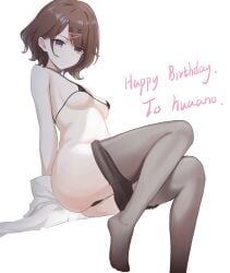 ass bare_arms bare_belly bare_shoulders bikini black_bikini blush breasts brown_hair cleavage closed_mouth collarbone feet hairpin higuchi_madoka idolmaster idolmaster_shiny_colors legs_folded medium_breasts micro_bikini mole mole_under_eye pantyhose pantyhose_pull purple_eyes rishiyo_(mcfa5282) short_hair sideboob string_bikini thighs toes underboob unworn_shirt