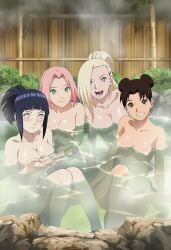 4girls accurate_art_style ai_generated anime_style bathhouse bathing bathing_together big_breasts blonde_hair blue_hair blunt_bangs blush breasts brown_hair completely_nude completely_nude_female curvaceous curvy curvy_body curvy_figure double_bun faithful_to_the_anime female female_focus female_only friends having_fun hot_spring hyuuga_hinata in_water ino_yamanaka kunoichi kuroai long_hair looking_at_another looking_at_partner looking_at_viewer medium_breasts multiple_girls naruto naruto_(series) naruto_shippuden ninja nipples nude nude_female onsen parted_bangs partially_submerged pink_hair ponytail relaxing sakura_haruno shoulder_length_hair shy sitting smile steam take_your_pick teen teenage_girl teenager tenten tied_hair water white_skin