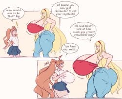 2girls amazon ass_expansion before_and_after blonde_hair blue_eyes breast_expansion brother_complex dialogue diana_(cat_cris) duo female female_only giantess growth huge_ass huge_breasts hyper hyper_ass hyper_breasts larger_female mini_giantess n647 orange_hair original original_character rose_drake_(n647) school_uniform side_view size_difference text thick_thighs