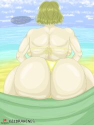 1girls anis_(nikke) ass back back_view backboob beach big_ass bikini bikini_bottom bikini_top bizdrawings english_text female female_only goddess_of_victory:_nikke huge_ass light-skinned_female light_skin short_hair sitting solo solo_female text thick_thighs