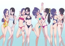 2girls ass barefoot belly_button bikini black_hair blush breasts butt feet female female_only glasses heartcatch_precure! heartcatch_pretty_cure! light-skinned_female light_skin momoka_kurumi muramura_hito ponytail precure pretty_cure purple_hair swimsuit toei_animation tsukikage_yuri