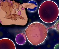 astronomical_hyper belly big_belly destruction dialogue disney egg felid female feral flooding huge_belly hyper hyper_belly hyper_oviposition lion mammal nala_(the_lion_king) oviposition pantherine pink_egg pittory solo speech_bubble talking_to_viewer the_lion_king universally_hyper