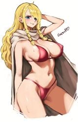 1girls areola_slip areolae big_breasts bikini blonde_hair blue_eyes blush braided_hair cape female female_only gerd_(one_piece) giant giantess kasumi6 kasumi6_ large_breasts looking_at_viewer one_piece sideboob sweat swimsuit