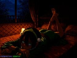 ai_generated avatar_the_last_airbender barefoot bed bedroom feet feet_up gigatsu lying lying_on_stomach night pixel_art toph_bei_fong