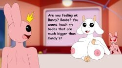 angry anthro big_breasts black_eyes boobs?_wanna_touch_boobs? bovid breast_envy breasts bunny_maloney bunny_maloney_(character) candy_bunny caprine charlotte_(bm) female flirting foxtide888 goat group hooves huge_breasts imminent_danger jealous lagomorph leporid male male/female mammal meme nipples nude pink_body rabbit shocked trio white_body