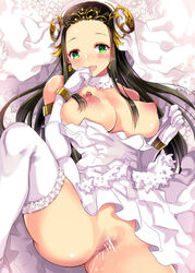 akane0012 bar_censor bare_shoulders black_hair blush breasts bridal_veil censored character_request detached_collar dress elbow_gloves female gloves green_eyes headpiece long_hair nipples open_mouth perky_breasts pussy pussy_juice smile solo spread_legs strap_slip thighhighs veil wedding_dress white_gloves white_legwear