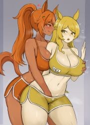 2girls :o ^^^ against_wall animal_ears arched_back arm_behind_back arm_between_breasts arm_support assertive_female asymmetrical_bangs bare_shoulders between_breasts blonde_hair blush braid breasts carrot_hair_ornament cleavage closed_mouth clothed_sex clothes_writing collarbone colored_mouth colored_tongue commentary cowboy_shot curled_tail curvy dark-skinned_female dark_skin dolphin_shorts dry_humping ears_up english_commentary eyebrows_hidden_by_hair fingering fingering_from_behind food-themed_hair_ornament from_side furrowed_brow grabbing_another's_breast grabbing_from_behind gradient_background grey_background groin groping hair_between_eyes hair_flaps hair_ornament hair_over_shoulder hair_tie half-closed_eyes half_up_braid hand_under_clothes hand_under_shorts hand_up heart heavy_breathing high_ponytail highres horse_ears horse_race_tests horse_tail humping jovial_merryment large_breasts leaning_forward leaning_on_person legs_apart lightning_strikes_thrice long_eyelashes long_hair looking_at_another looking_back midriff motion_lines multicolored_hair multiple_girls name_tag narrowed_eyes naughty_face navel open_mouth orange_eyes orange_hair orange_shorts orange_sports_bra orange_tail pale_skin parted_bangs pelvic_thrust ponytail profile pussy_juice raised_eyebrows reach-around saliva seductive_smile shorts sidelocks skindentation sleeptopi smile smirk sports_bra sportswear streaked_hair sweat tail tail_raised taut_clothes teeth thick_eyelashes thick_thighs thighs toned toned_female tongue tongue_out tsurime upper_teeth_only v-shaped_eyebrows very_long_hair wavy_hair wet wet_clothes wet_shorts wide_hips yellow_eyes yellow_shorts yellow_sports_bra yellow_tongue yuri