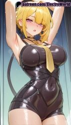1girls 2025 ai_generated armpits artist_name blonde_hair blush breasts breasts breasts bust chest electroworld evelyn_chevalier female hi_res high_quality high_resolution highres hoyoverse open_mouth patreon patreon_username purple_eyes solo stable_diffusion watermark wet zenless_zone_zero