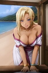 ai_assisted ai_generated arm_support attractive bare_shoulders beach bedroom_eyes bending_forward bent_forward blonde_hair blue_eyes bracelets cleavage earrings female female gina_benvesta interior kimono kuutei_senki large_breasts long_hair olive_skin palm_trees ponytail seductive seductive_look seductive_smile sexy smile tan_skin tanned_skin tropical tropical_beach tsurime waist_length_hair