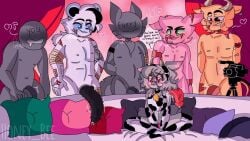 biting_lip black_eyes blue_eyes blush bull camera collar_bell cow_print dialogue drooling furry green_eyes heart honey_bee_(artist) meme_reference memory_(piggy) multiple_males penis piggy_(game) pillow polar_bear poley_(piggy) random_furry red_eyes robby_(oc) scars smile speech_bubble thighhighs y/n