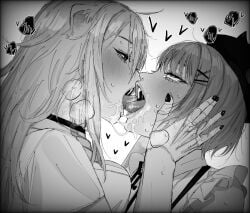 2girls blonde_hair carrot_011 drool drool_on_face drooling ear eyes_rolling_back female french_kiss french_kissing hair_accessory half-closed_eyes hat hololive hololive_japan lesbian_kiss making_out painted_nails shishiro_botan steam sweat sweaty taller_girl tokoyami_towa tongue_kiss tongue_out tounge_out vtuber yuri