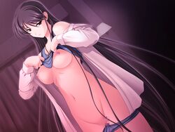 areolae black_eyes black_hair breasts censored curtains dancing_crazies female game_cg highres large_breasts legs long_hair looking_at_viewer navel nipples open_clothes panties panty_pull pussy sakura_(dancing_crazies) sasaki_tamaru solo standing thighs underwear undressing