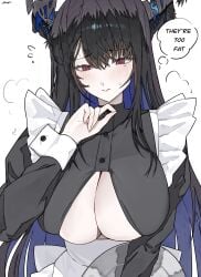 1girls big_breasts black_hair blue_hair blush boob_window breasts cleavage embarrassed ewn female hololive hololive_english hololive_english_-advent- large_breasts maid maid_uniform nerissa_ravencroft nervous red_eyes solo sweat text thought_bubble virtual_youtuber