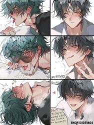 2boys asaba_harumasa bed bite_mark blush blush_lines clutching_sheets color colored dark_blue_hair drool drooling fucked_from_behind fucked_senseless fucked_silly gay grabbing_throat green_eyes green_hair hoyoverse licking_lips lighter_(zenless_zone_zero) male_only no_visible_genitalia nori31291404 sex small_dom_big_sub snot speech_bubble steam sunglasses sweat time_skip tongue_out yaoi yellow_eyes zenless_zone_zero