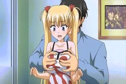 airi_akizuki animated bathroom black_hair blonde_hair blue_eyes blush bow breast_grab breasts clothes clothing father_and_daughter female groping hair hair_ribbon human large_breasts male oni_chichi poro straight surprised