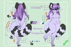 3:2 anthro ardee ardee_raccoon bandit_mask big_breasts big_tail blue_eyes breasts color_swatch colored female hair hi_res kumri_stark long_hair looking_at_viewer mammal model_sheet nipples nude pawpads paws procyonid purple_body purple_hair raccoon simple_background smile solo tail text trans_(lore) trans_woman_(lore)
