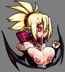 areolae bat_wings blonde_hair blush bow breast_squeeze breasts bust cum cum_in_mouth cum_on_body cum_on_breasts cum_on_tongue cum_on_upper_body demon_girl detached_sleeves disgaea disgaea_2 facial female gem hair_ornament large_areolae large_breasts nippon_ichi_software nude nyxon pointy_ears red_eyes rozalin solo tears tongue tongue_out wince wings